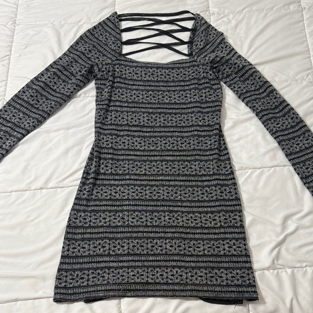 Free People Black and Gray Long Sleeve Dress